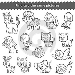 Find two the same pictures, vector set of farm animals