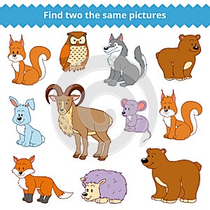 Find two the same pictures, vector set of forest animals