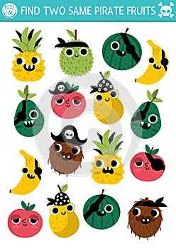 Find two same pirate fruits. Treasure island matching activity for children. Sea adventures educational quiz worksheet for kids