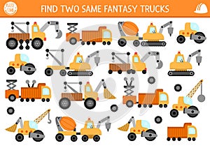 Find two same special fantasy cars. Construction site matching activity for children. Building works educational quiz worksheet