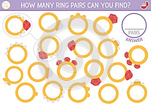 Find two same wedding rings. Marriage ceremony matching activity for children. Educational quiz worksheet for kids for attention