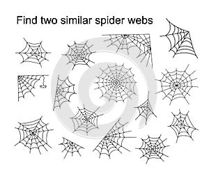 Find two similar Halloween spider webs educational activity for children, outline hand drawn vector illustration