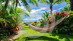 Find ultimate relaxation in a tropical island retreat swaying gently in a hammock while surrounded by lush greenery and