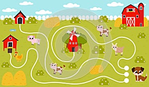 Find way game for kids with dog and farm themed elements, barn and windmill, doghouse and haystack