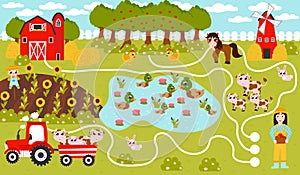 Find way game for kids with farmer girl and tractor with animals, pond with ducks and barn, harvest and animals