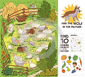 Find the wolf among the sheep. Find 10 hidden objects photo