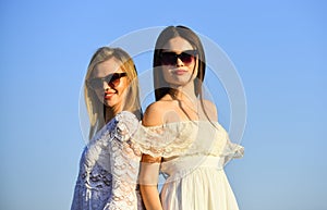 Find woman inner strength. Harmony and balance. Femininity concept. Beautiful women on sunny day blue sky background