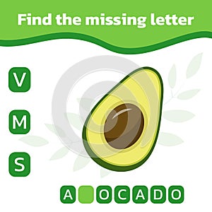 Find and write the missing letter. Worksheet for education. Mini-game for children. Vector illustration
