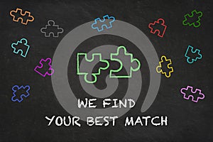 `We find your best match` text with puzzle pieces on a chalkboard