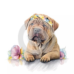 Find Your Next Furry Companion in This Adorable Shar Pei Puppy Stock Photo, Featuring a Pastel Headband Bandana and Watercolor