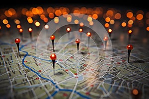 Find your way in Paris Map with red pins, bokeh photo