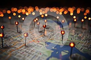 Find your way in Paris Map with red pins, bokeh photo