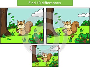 Finding 10 differences in pictures of squirrels in the forest.