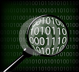 Finding and finding the right information. View the code of the program. Magnifying glass and the result in it. A