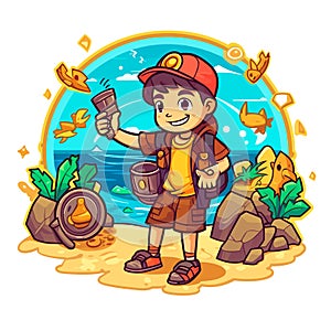 Finding Geocaching treasures on the beach. Direction finding by compass or electronic navigation. Cartoon vector illustration.