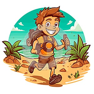 Finding Geocaching treasures on the beach. Direction finding by compass or electronic navigation. Cartoon vector illustration.