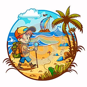 Finding Geocaching treasures on the beach among the palm trees. Navigation by compass or GPS device. Cartoon vector illustration.