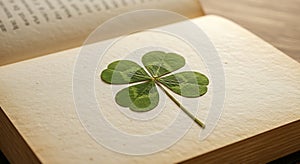 Finding Luck Four Leaf Clover Pressed in Old Book for Keepsake