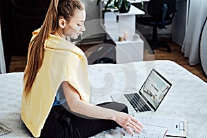 Finding New Job. Hiring Job Search Career Recruitment Website Concept. Young woman in home browsing work opportunities