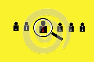 Finding new team member concept. Be selected in to new team. Men and magnifier on Yellow background design for Recruitment or staf