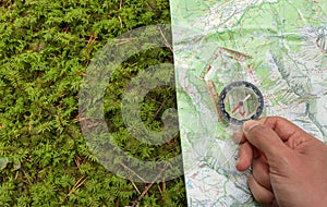 Finding the right position in the forest with a compass, map an