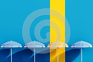 Finding the right spot for summer vacation. Beach umbrellas with yellow empty slot on blue background and copy space.