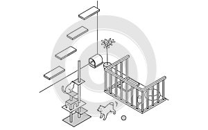 Finding a room for rent: pet-friendly property, cat tower and dog circle simple isometric