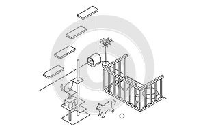 Finding a room for rent: pet-friendly property, cat tower and dog circle simple isometric