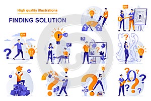 Finding solution web concept with people scenes set in flat style. Bundle of brainstorming, human creativity, generate ideas,