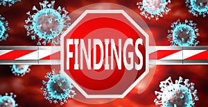 Findings and coronavirus, symbolized by a stop sign with word Findings and viruses to picture that Findings affects the future of