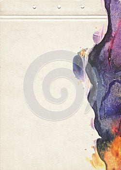 Fine abstract artistic color background for creative design. A card made of old paper, stained with violet, blue and orange blotch