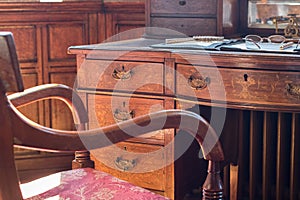 Fine antique pedestal writing desk. Studying history and period