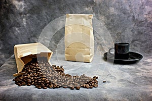 Fine art coffee beans bag and cup