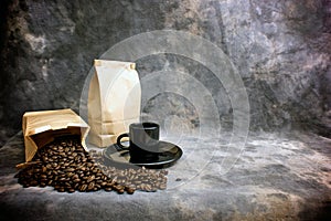 Fine art coffee cup whole beans and bags