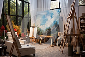 Fine art creation Painting studio interior, blank canvas, artist at work