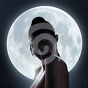 Fine Art Fashion Studio Portrait of Woman at Full Moon