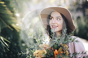 Fine art lifestyle Fashion model flowers in park