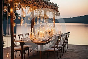 Fine art photography of wedding ceremony: table with many chairs for guests, at evening on the lake