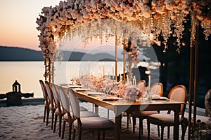 Fine art photography of wedding ceremony: table with many chairs for guests, at evening on the lake