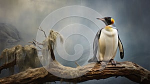 Fine Art Portraiture: A Penguin Perched On A Decaying Tree Branch