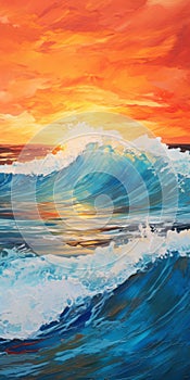 Vibrant Ocean Waves: Captivating Realistic Artwork In Orange And Blue photo