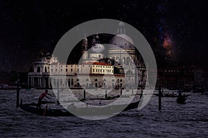 Fine art retro image with gondola on Canal Grande at night with wood planks floor for foreground, full moon and milky, Venice, It