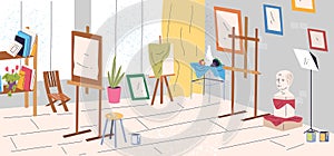Fine art studio. Artists workshop atelier room interior, painting academy class school classroom easel plaster canvas