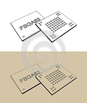 Fine ball grid array memory microchip illustrations