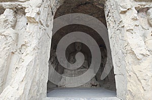 The fine Buddha statues of the longmen grottoes are carved on the cliff in the mountains