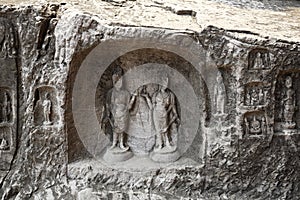 The fine Buddha statues of the longmen grottoes are carved on the cliff in the mountains