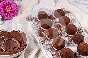 Fine chocolate truffles on white ceramic plate