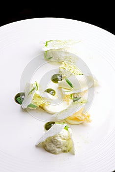 Fine dining dessert, Mint Parfait, ice cream, white chocolate