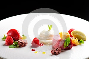 Fine dining dessert, Raspberry Parfait, ice cream, white chocolate