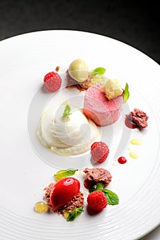 Fine dining dessert, Raspberry Parfait, ice cream, white chocolate